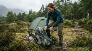 Demonstrating tick-prevention layering with bug pants for hiking in a boreal setting.