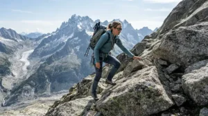 A mountaineer wearing flexible bug pants for hiking over steep, uneven rocky terrain.