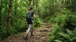 A hiker wearing breathable mesh bug pants for hiking through a dense Canadian forest trail.
