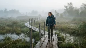 Crossing a wooden boardwalk through a marsh wearing specialized bug pants for hiking.