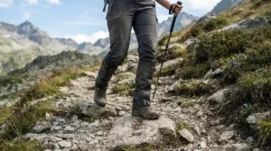A backpacker pairing bug pants for hiking with ankle gaiters for extra trail safety.
