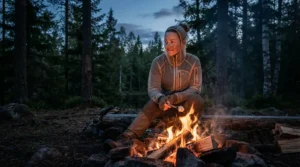 A camper wearing a no-see-um mesh jacket at an Algonquin Park campsite during evening twilight.