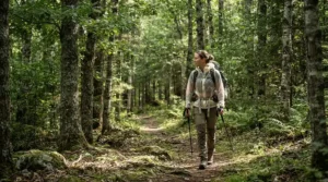An ultra-fine no-see-um mesh jacket worn by a hiker on a dense boreal forest trail.
