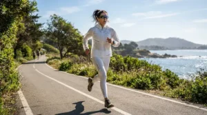 A runner wearing a breathable no-see-um mesh jacket during a humid summer morning workout.