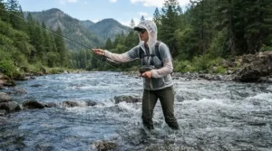 An angler wearing a no-see-um mesh jacket while fly fishing on a clear mountain river.