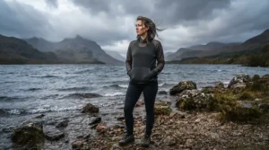 A traveller wearing a no-see-um mesh jacket while navigating cloudy highlands near a loch.