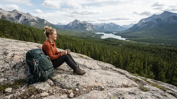 Backpacker taking a break on a Canadian Shield trail while wearing an ultra-fine mesh head net for no-see-ums.