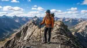 A hiker wearing an ultra-fine mesh head net for no-see-ums on a mountain trail in Banff National Park.