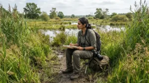 Field researcher wearing an ultra-fine mesh head net for no-see-ums in a northern wetland.