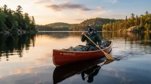 An ultra-fine mesh head net for no-see-ums worn by a canoeist near a remote Ontario lake at dusk.