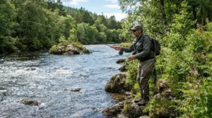 An angler using an ultra-fine mesh head net for no-see-ums by a riverbank in rural Quebec.